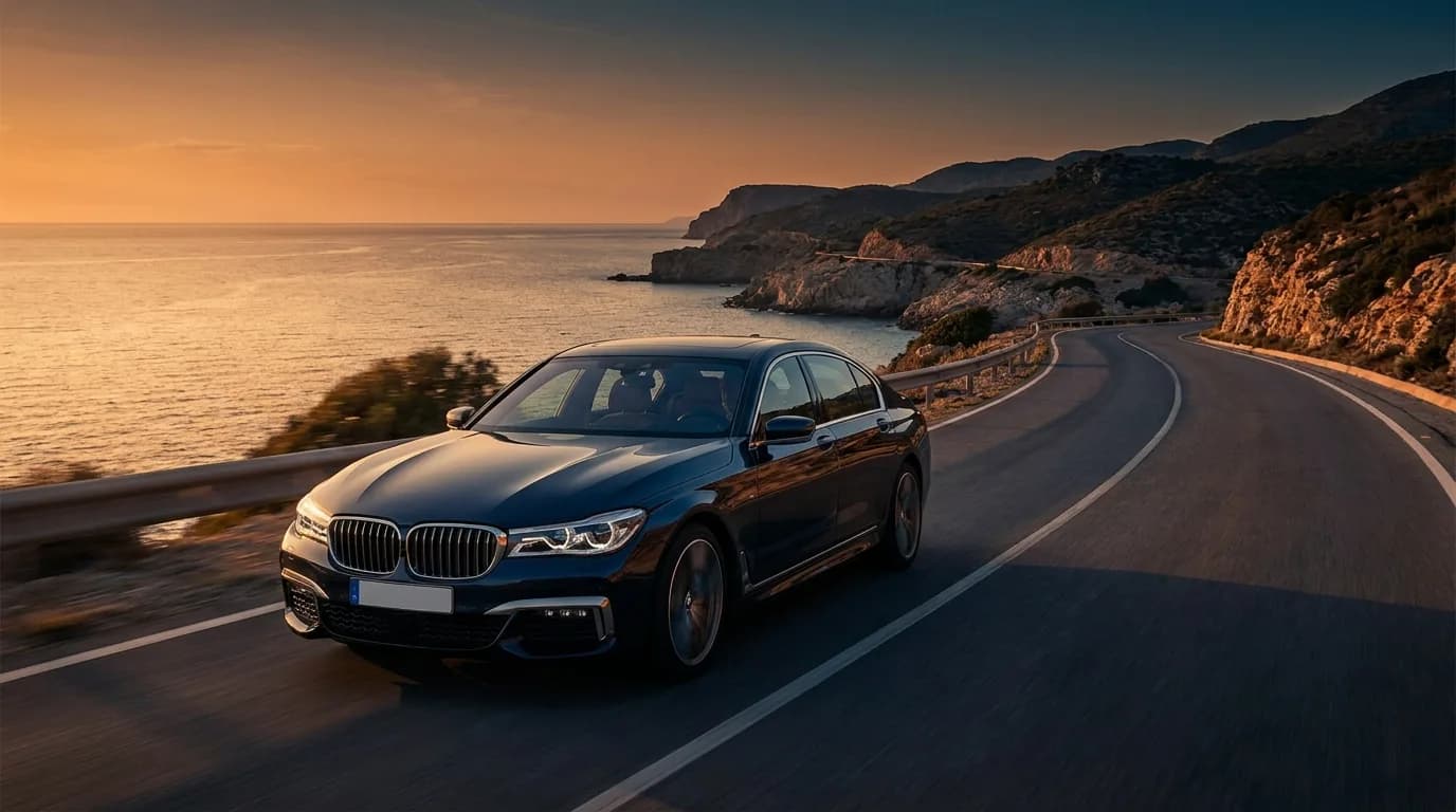 Donkere luxe sedan onderweg over een Zuid-Europese kustweg